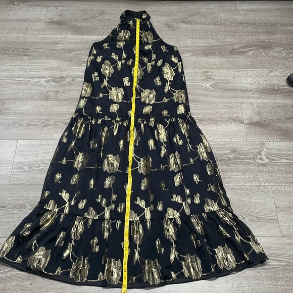 NWOT Express Halter Tiered Maxi Dress Black and Metallic Gold Floral Rose XS - Picture 11 of 15